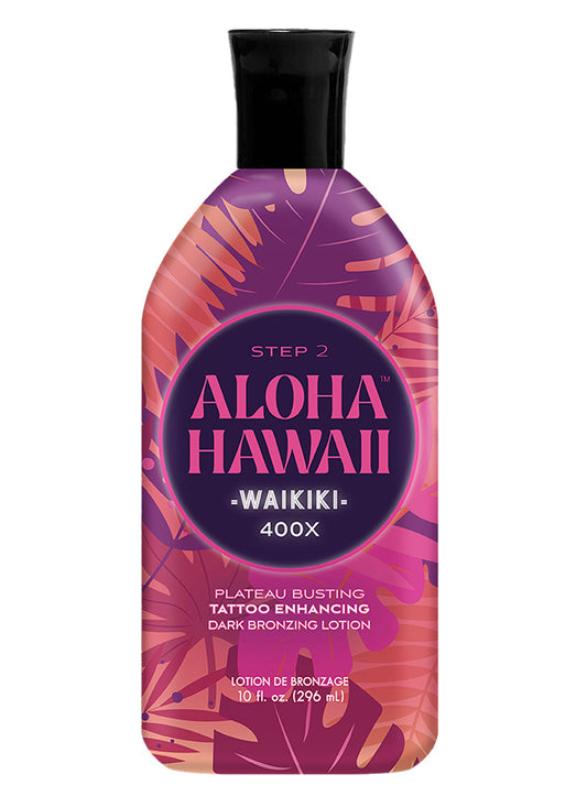 Aloha Hawaii Waikiki tattoo enhancing dark bronzing lotion bottle on a white background