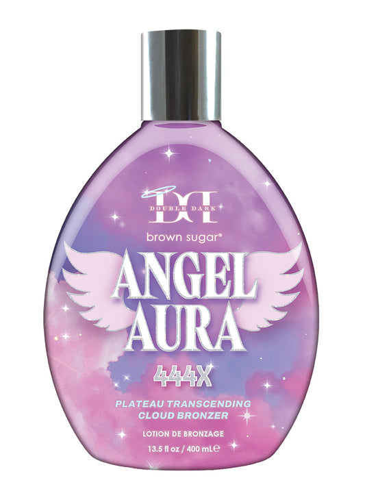 Bottle of Angel Aura bronzer with purple and pink design on a white background