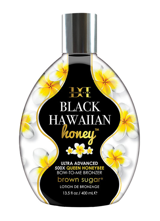 Black Hawaiian Honey bronzer bottle with floral design on a white background