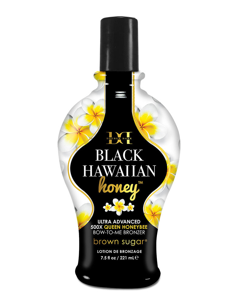 Black Hawaiian Honey lotion bottle with floral design on a white background