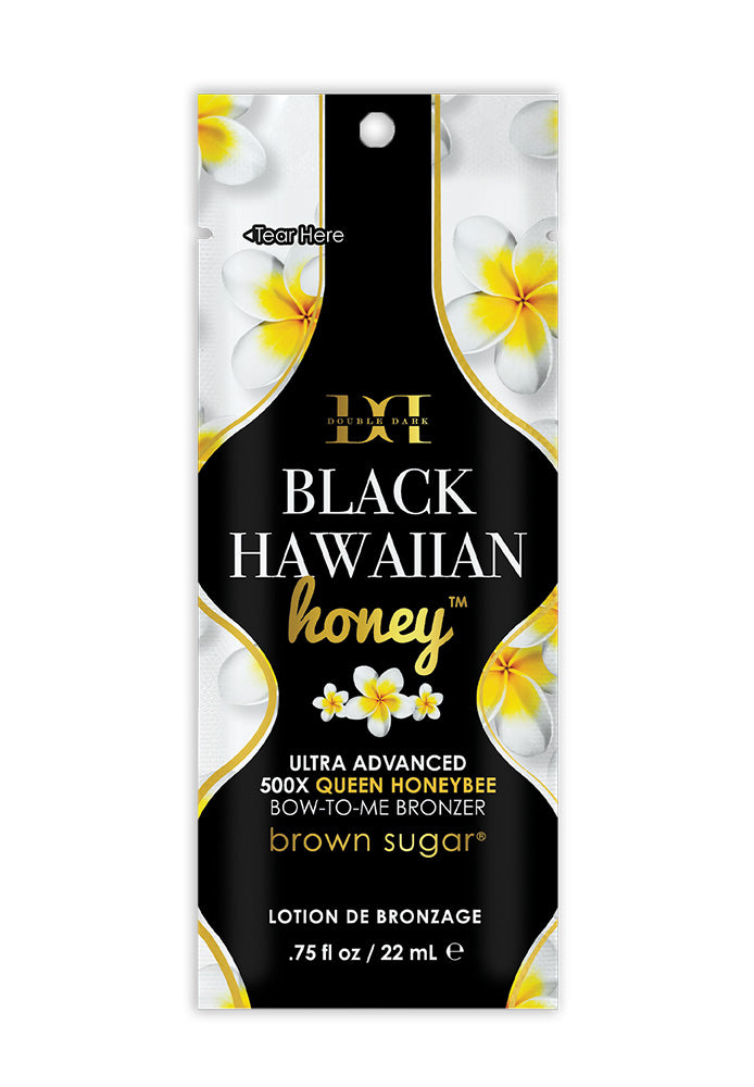 Black Hawaiian Honey lotion packaging with floral design on a white background