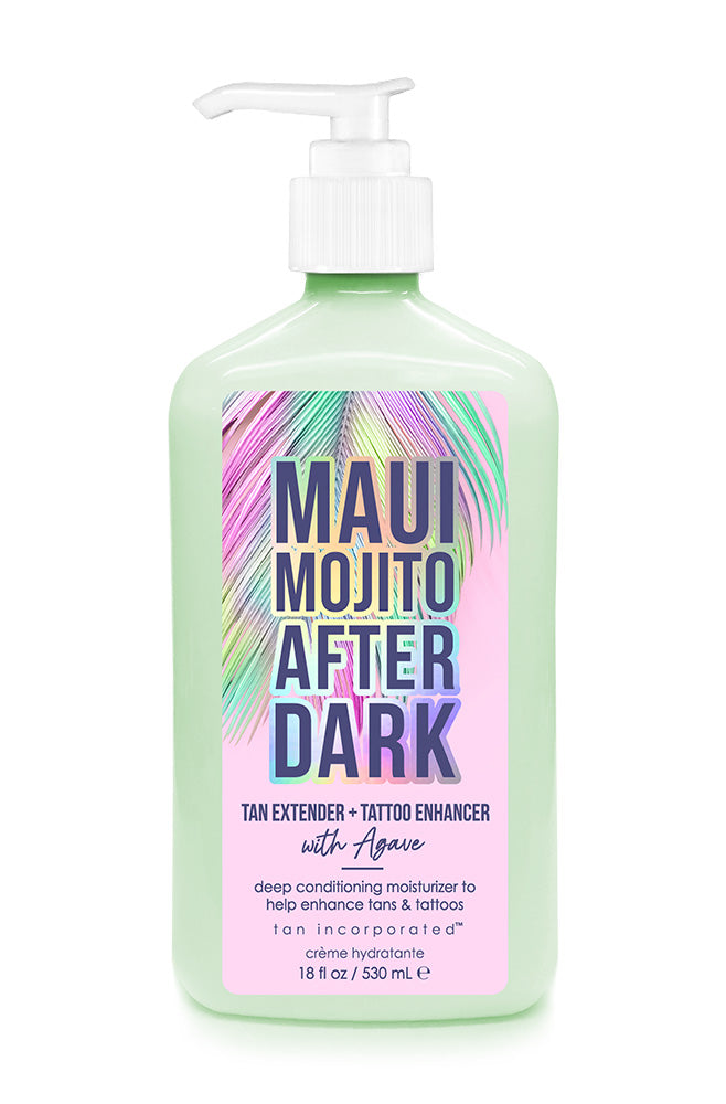 A bottle of Brown Sugar After Dark Maui Mojito tattoo enhancer with a pump dispenser. The label has colorful patterned design and text indicating the product is a tan extender with agave, tiger grass, and shea butter fragrance.