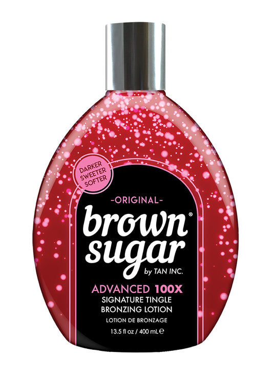 A bottle of brown sugar by Tan Inc. Advanced 100X Signature Tingle Bronzing Lotion on a white background featuring a red bottle with pink shimmer. 