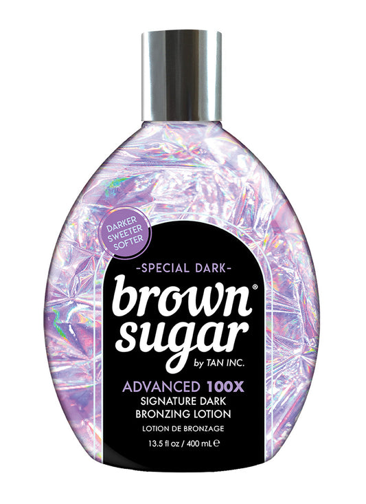 A bottle of brown sugar by tan inc. Advanced 100X Signature Dark Bronzing Lotion, shade Special Dark featuring a purple holographic bottle with a black label.