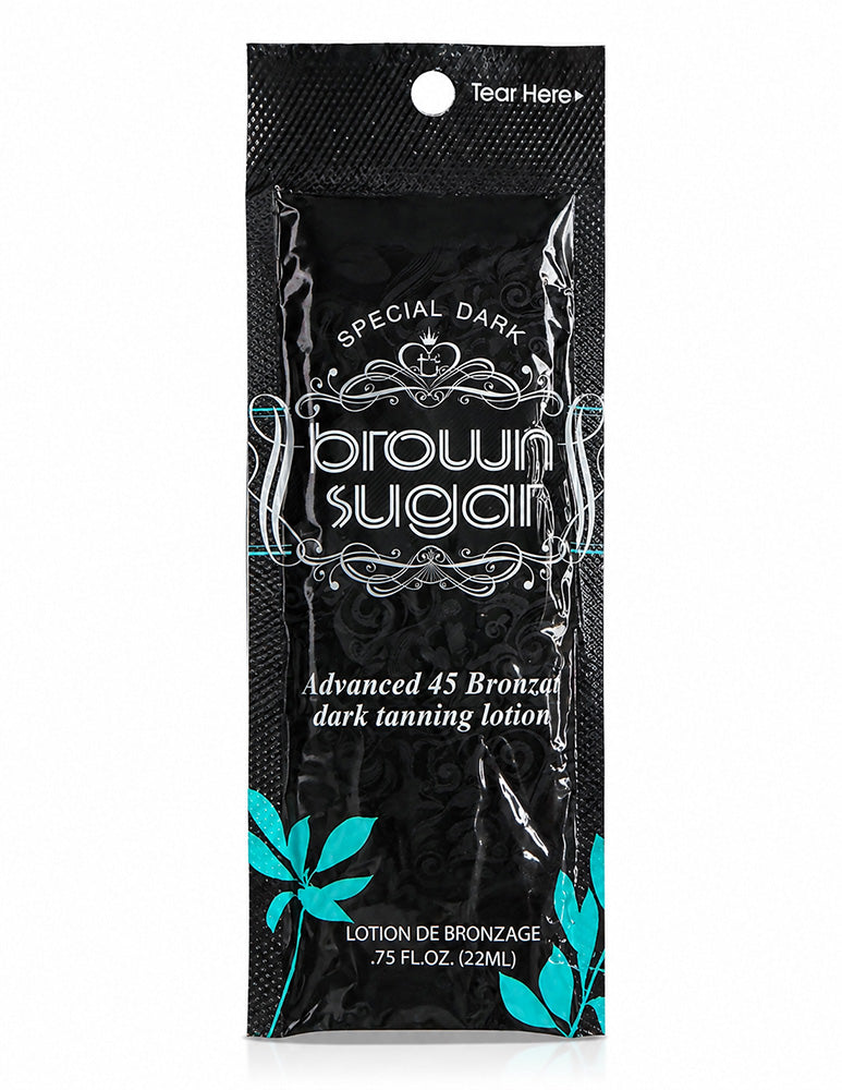 Black packaging of Brown Sugar tanning lotion with decorative elements on a white background