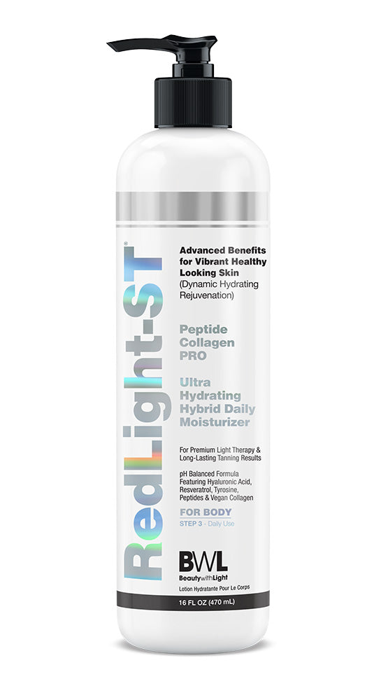A 16 fl oz bottle of RedLight-St Peptide Collagen Pro Ultra Hydrating Hybrid Daily Moisturizer by BWL Beauty by Light, featuring a white bottle with a black pump and silver accents.