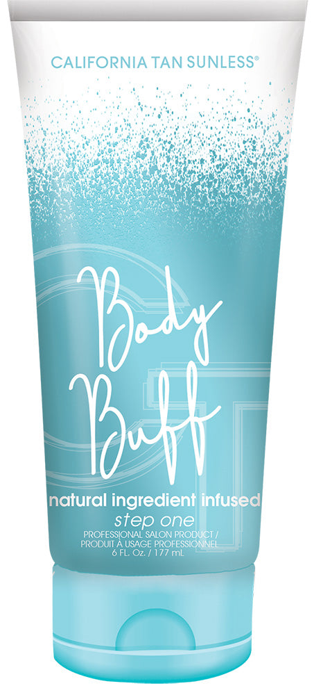 Tube of California Tan Sunless Body Buff with blue and white design