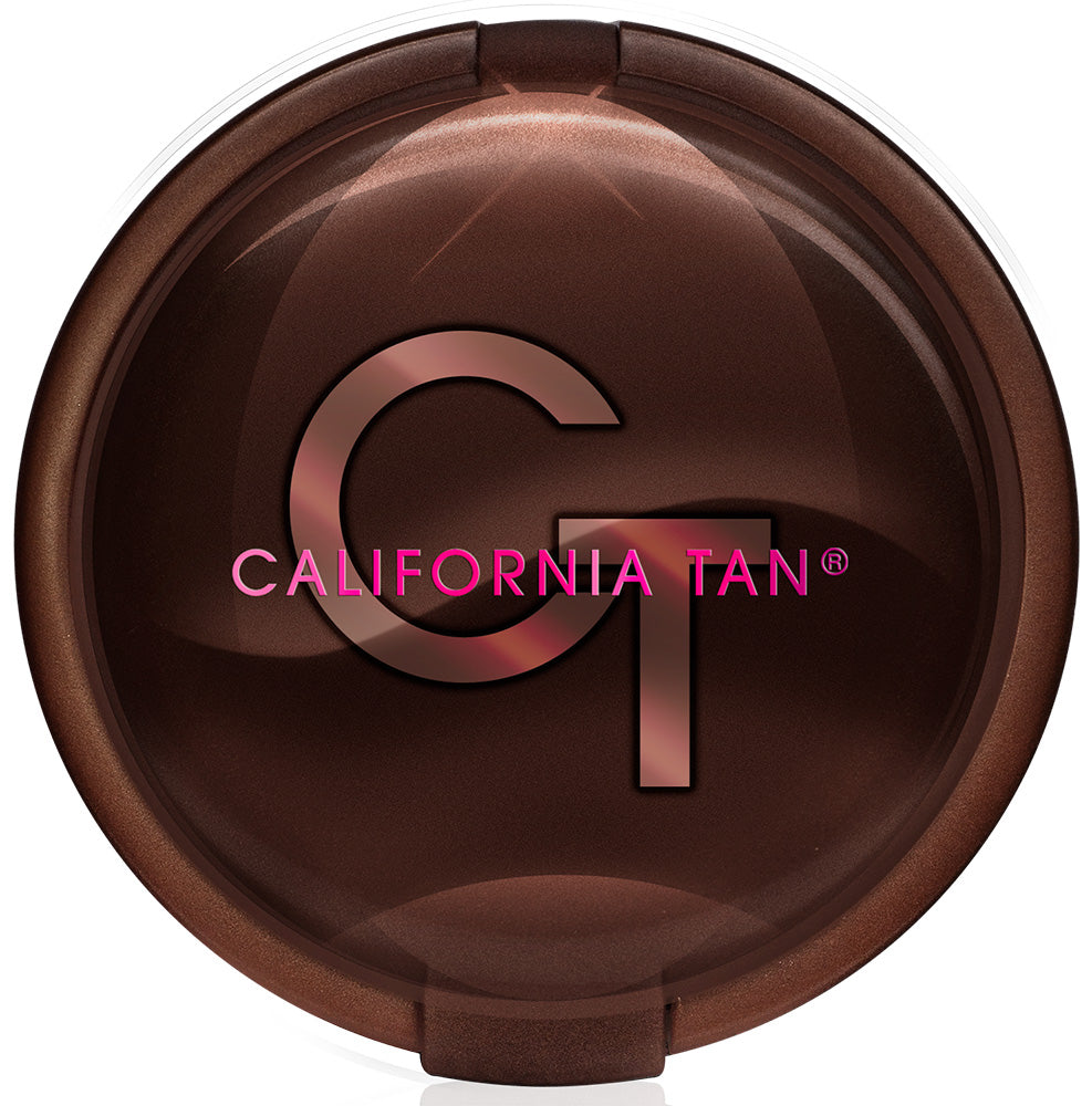 A round, glossy brown compact case for California Tan powder, featuring a large metallic rose-gold 'CT' logo and the brand name 'CALIFORNIA TAN' in pink text on the front, set against a plain white background.
