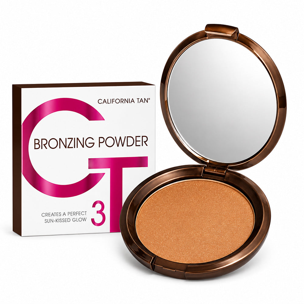 California Tan CT 3 Bronzing Powder shown with its white and magenta packaging box next to an open bronze compact containing a shimmering golden-brown bronzer, on a white background.