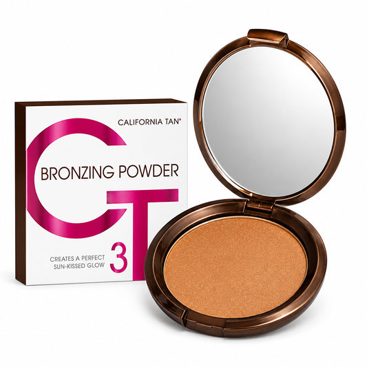 California Tan CT 3 Bronzing Powder shown with its white and magenta packaging box next to an open bronze compact containing a shimmering golden-brown bronzer, on a white background.