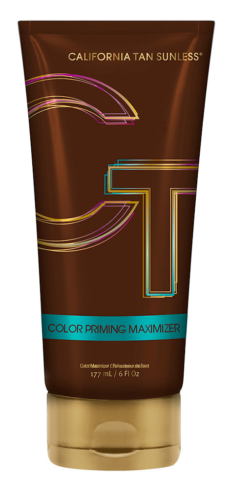 A squeeze tube of California Tan Sunless Color Priming Maximizer on a plain white background. The tube is dark brown with gold and multicolor graphic accents and a metallic gold cap.