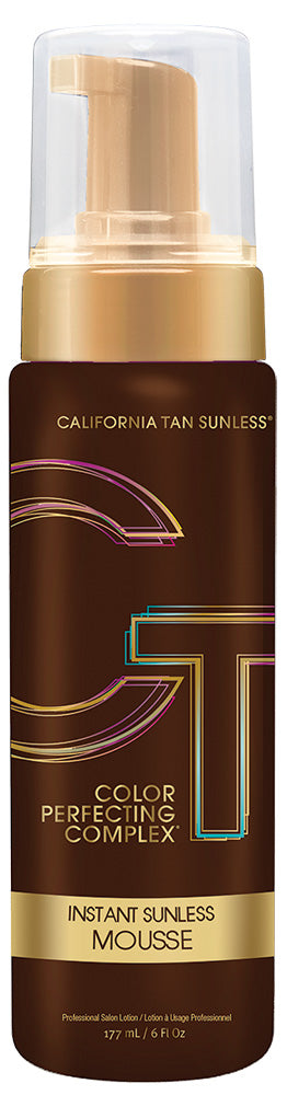 A bottle of California Tan Sunless Color Perfecting Complex Instant Sunless Mousse, featuring a dark brown body with gold accents, a gold pump, and a clear cap.