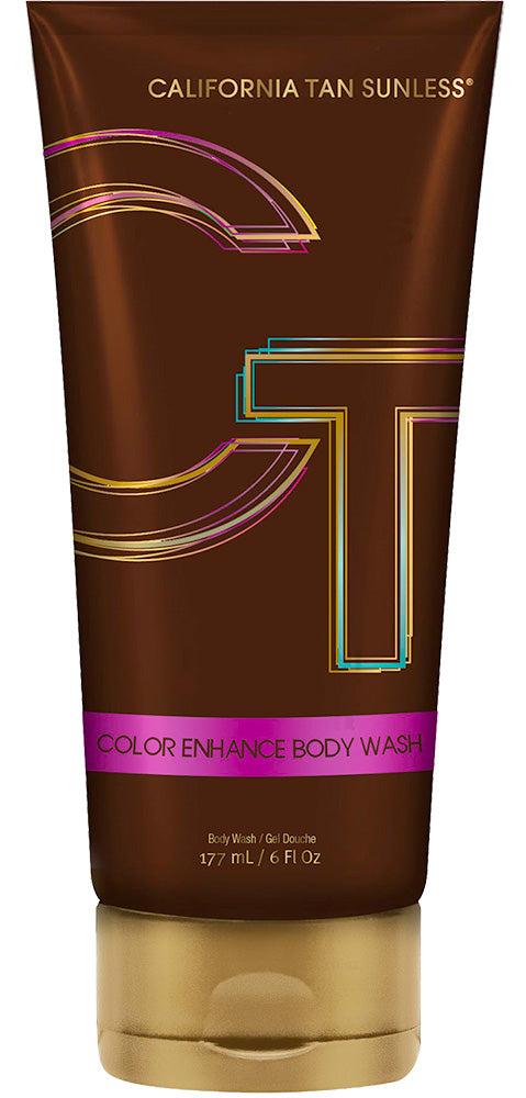 A tube of California Tan Sunless Color Enhance Body Wash with a metallic brown body, gold cap, and gold and teal lettering.