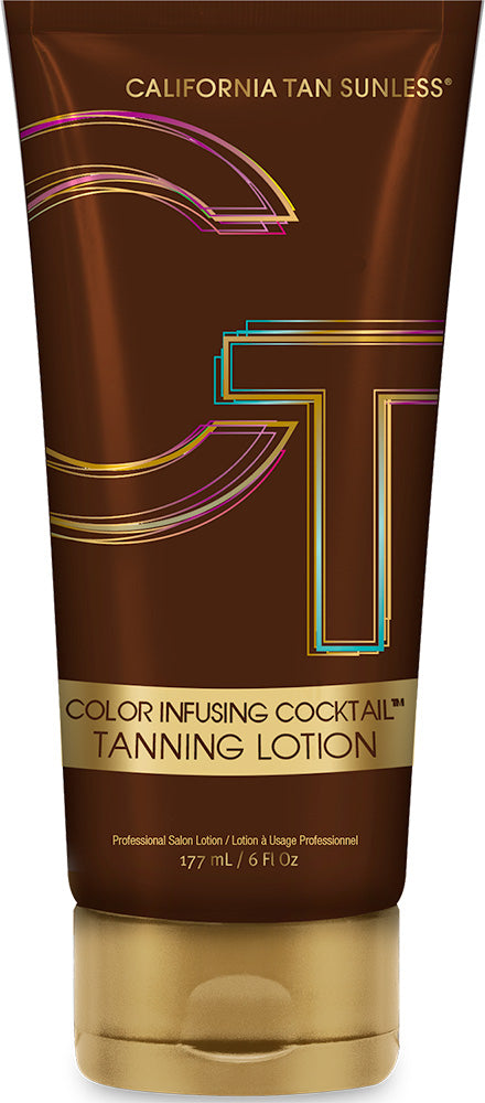 A tube of California Tan Sunless Color Infusing Cocktail Tanning Lotion in a dark brown color with gold and multicolor accents on the lettering.