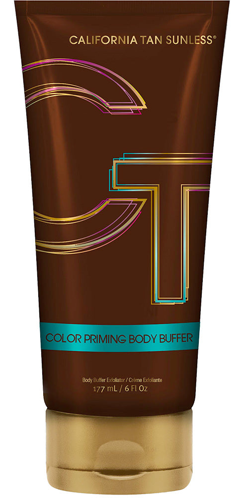 A tube of California Tan Sunless Color Priming Body Buffer with a metallic brown body, gold cap, and gold and teal lettering.