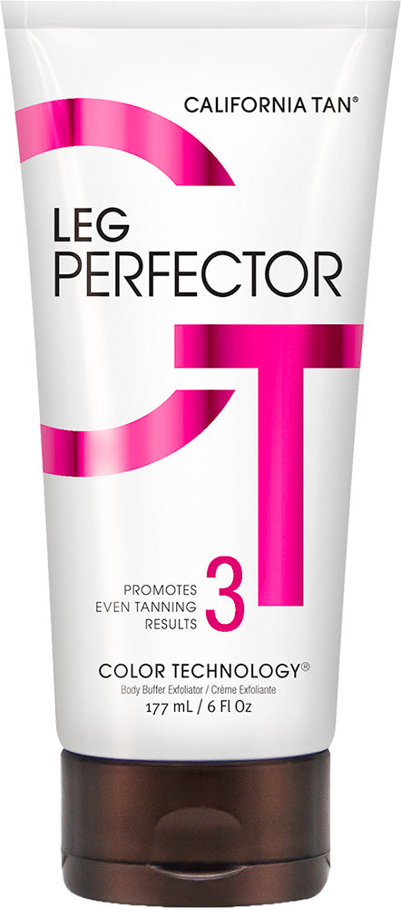 A tube of Leg Perfector Color Technology 3 California Tan daily buffer exfoliator, featuring a white tube with a metallic pink 'C' and 'T' graphic and a dark brown cap.