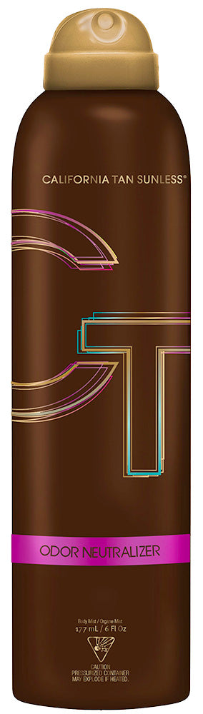 Brown spray bottle labeled 'California Tan Sunless' with a beige cap on a white background