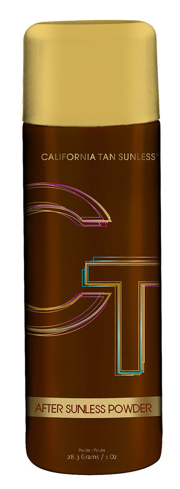 A cylindrical bottle of California Tan Sunless After Sunless Powder, featuring a metallic gold cap and a dark brown body with stylized gold and multicolor graphic lettering.
