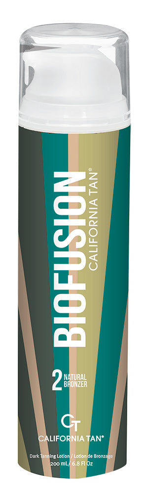 A can of Biofusion California Tan 2 Natural Scents deodorant spray, featuring a dark green and beige striped label with white text, topped with a clear cap.