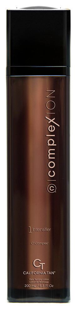 A tall, narrow bottle of @complexion California Tan hair color with a black cap and a dark brown gradient bottle body, shown on a plain white background.