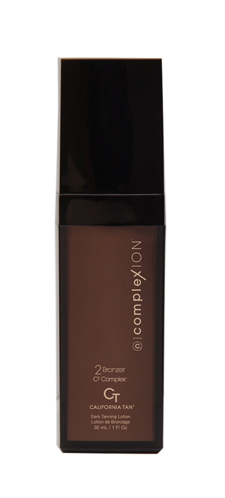 Complexion California Tan 2 Bronzer Complex liquid bronzer lotion in a dark brown rectangular bottle with a black cap, shown on a plain white background.