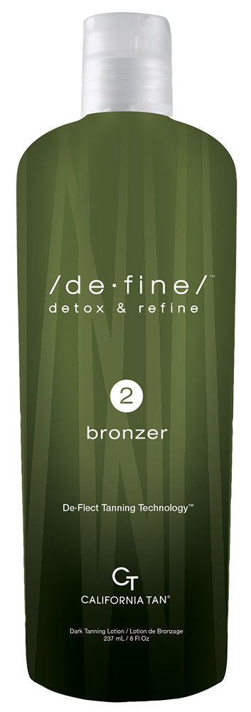 A bottle of California Tan de-fine Detox & Refine Bronzer Step 2 tanning liquid, featuring a dark olive green bottle with a white cap and silver text.