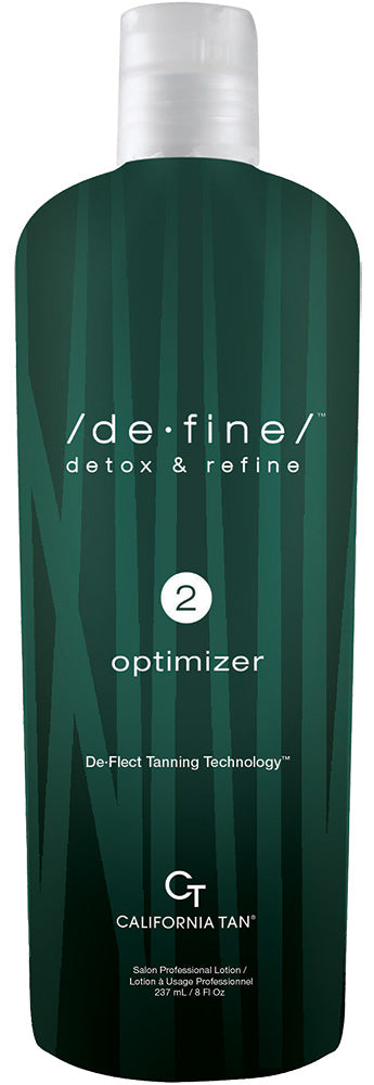A bottle of California Tan de-fine Detox & Refine Step 2 Optimizer hair and skin treatment, featuring a dark green textured bottle with a white cap.