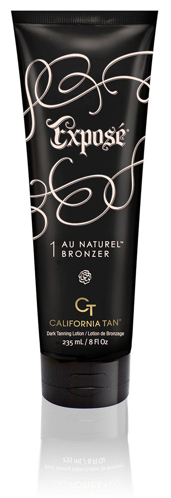 A black squeeze tube of California Tan Expose 1 Au Naturel Bronzer dark tanning lotion, 235 mL / 8 fl oz, on a white background with a soft reflection.
