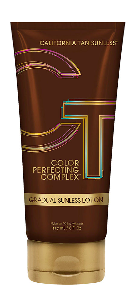 Tube of California Tan Sunless Gradual Sunless Lotion with brown and gold design on a white background