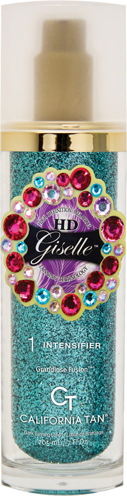 GT California Tan HD Giselle 1 Intensifier makeup primer in a clear bottle with a gold cap, featuring a turquoise glitter background and a decorative purple and pink gem logo.