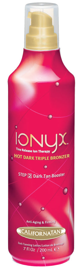 A 7 fl oz bottle of Ionyx Hot Dark Triple Bronzer Step 2 Dark Tan Booster in a vibrant pink bottle with a gold spray nozzle and clear cap, set against a plain white background.