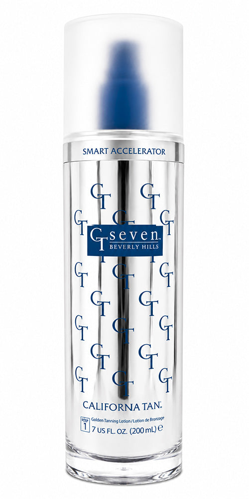 A bottle of G-Seven Beverly Hills California Tan Smart Accelerator, featuring a clear cylindrical bottle with a white cap and a blue pump, set against a plain white background.