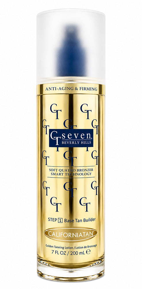 G's Seven Beverly Hills Soft Oily Bronzer Smart Technology Step 1 Base Tan Builder in a 7 fl oz pump bottle with a gold and white label and a blue pump.