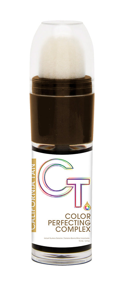 A bottle of California Lane Color Perfecting Complex hair color, showing the dark brown liquid inside a clear bottle with a white label and a clear cap.