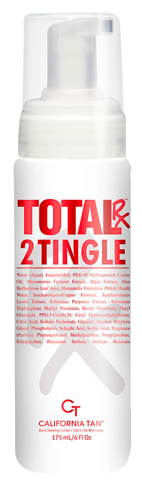 A white pump bottle of California Tan Total & 2 Tingle with red and pink text on a white background.