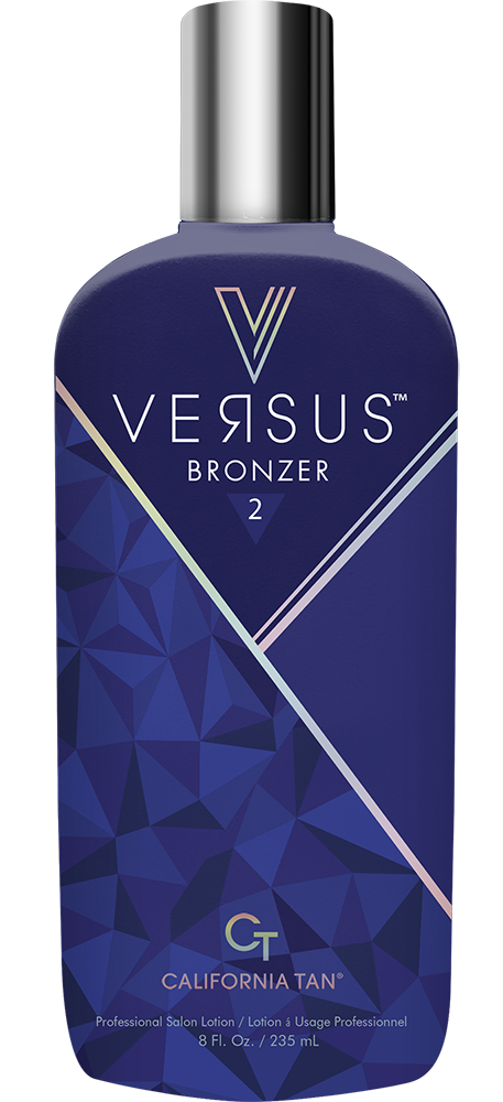 Versus Bronzer 2 Professional Balm Lotion by GT California Tan in a dark blue bottle with a silver cap, shown on a white background.