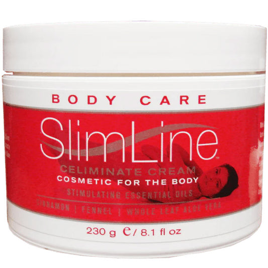 SlimLine body care cream jar with red label on a white background