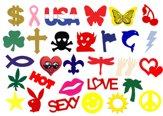 Collection of various colorful icons and symbols on a white background