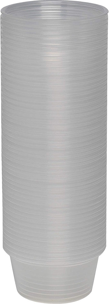 A stack of clear plastic cups on a white background