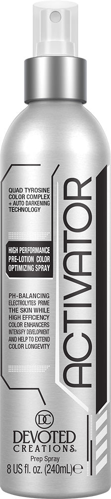 A silver Devoted Creations Activator Prep Spray bottle with a white spray nozzle, shown against a plain white background.
