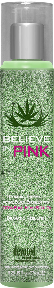 Green bottle with cannabis leaf design labeled 'Believe in Pink' by Devoted Creations.