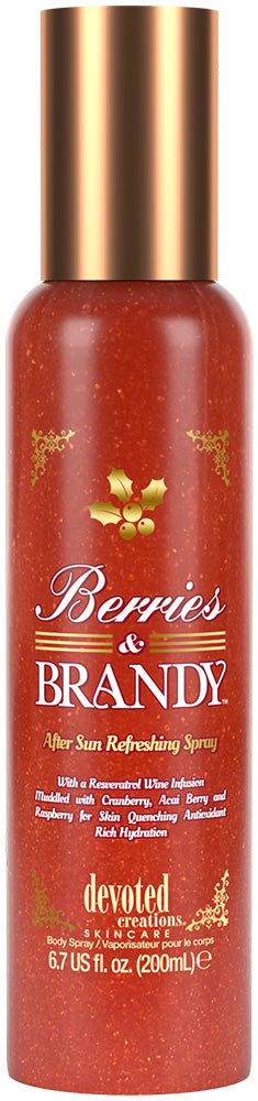 Red spray bottle labeled 'Berries & Brandy' with gold accents on a white background