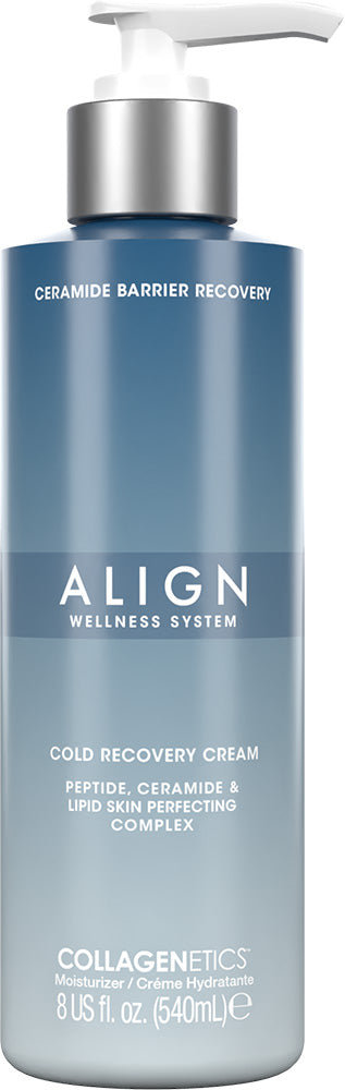 Blue bottle of Align Wellness System Cold Recovery Cream with pump on a white background