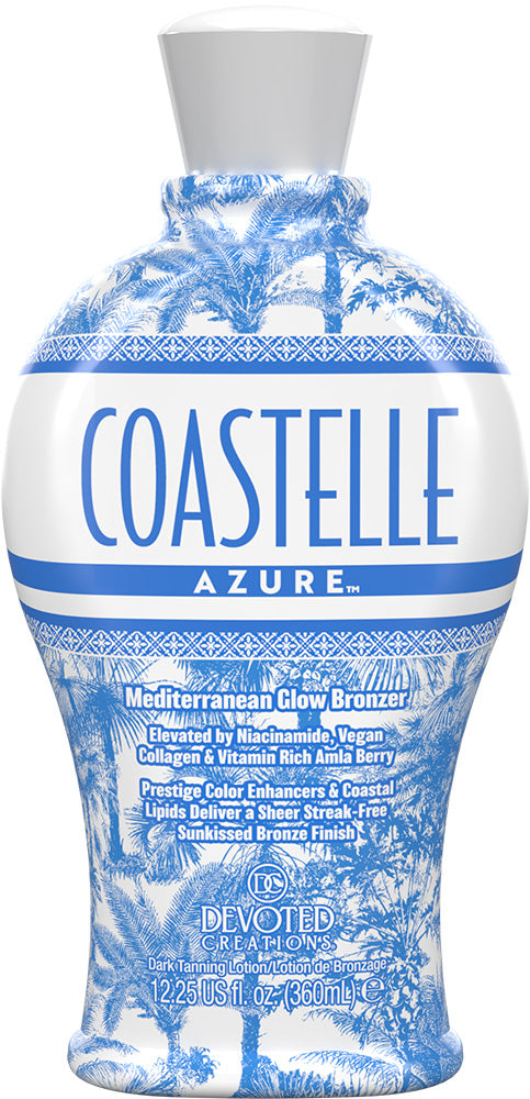 A bottle of Coastelle Azure Mediterranean Glow Bronzer by Devoted Creations, featuring a white and blue tropical palm tree pattern with blue lettering on a white label.