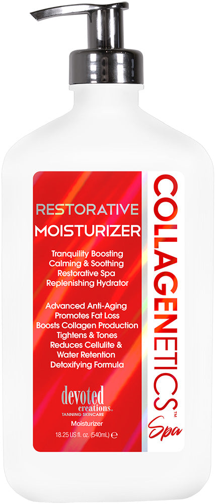 A bottle of Devoted Creations Collagenetics Spa Restorative Moisturizer with a pump dispenser. The label features red and white color scheme with text detailing the product's benefits and ingredients.