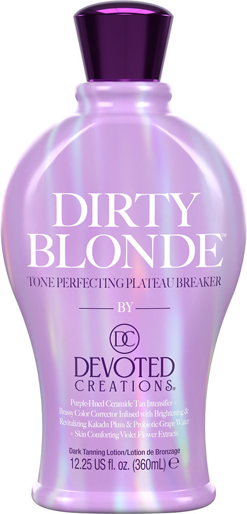 A bottle of Devoted Creations Dirty Blonde Tone Perfecting Plateau Breaker hair color lotion, featuring a metallic lavender-purple bottle with a dark purple cap and white text.