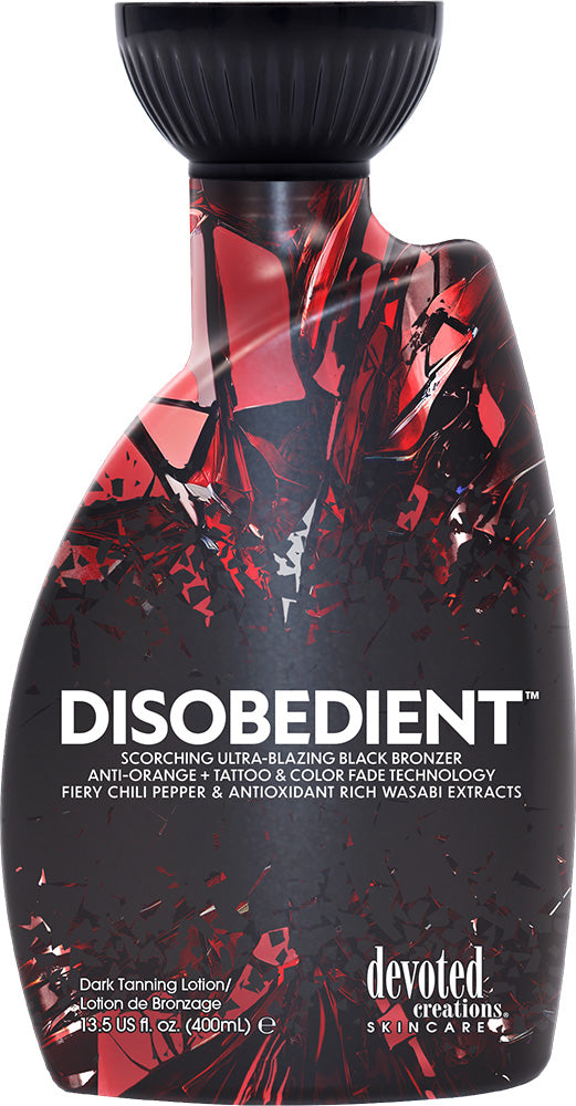 A bottle of Devoted Creations Disobedient tanning lotion on a red and black background with white text 