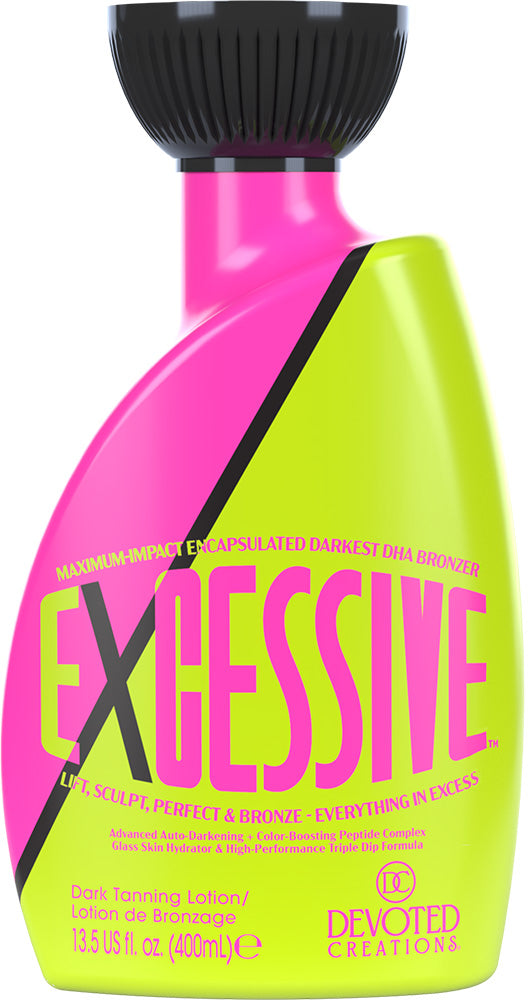 A bottle of Denoted Creations 'Excessive' dark tanning lotion. The bottle is bright lime green and hot pink with a black cap, featuring large pink text on the front.
