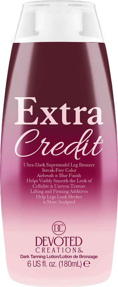 A bottle of Devoted Creations Extra Credit Ultra-Dark Supermodel Leg Bronzer, featuring a dark pink to light pink gradient bottle with white text and a white cap.
