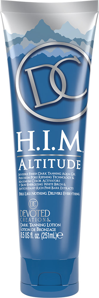 A tube of Devoted Creations H.I.M Altitude featuring a blue bottle with mountain graphics and white text 